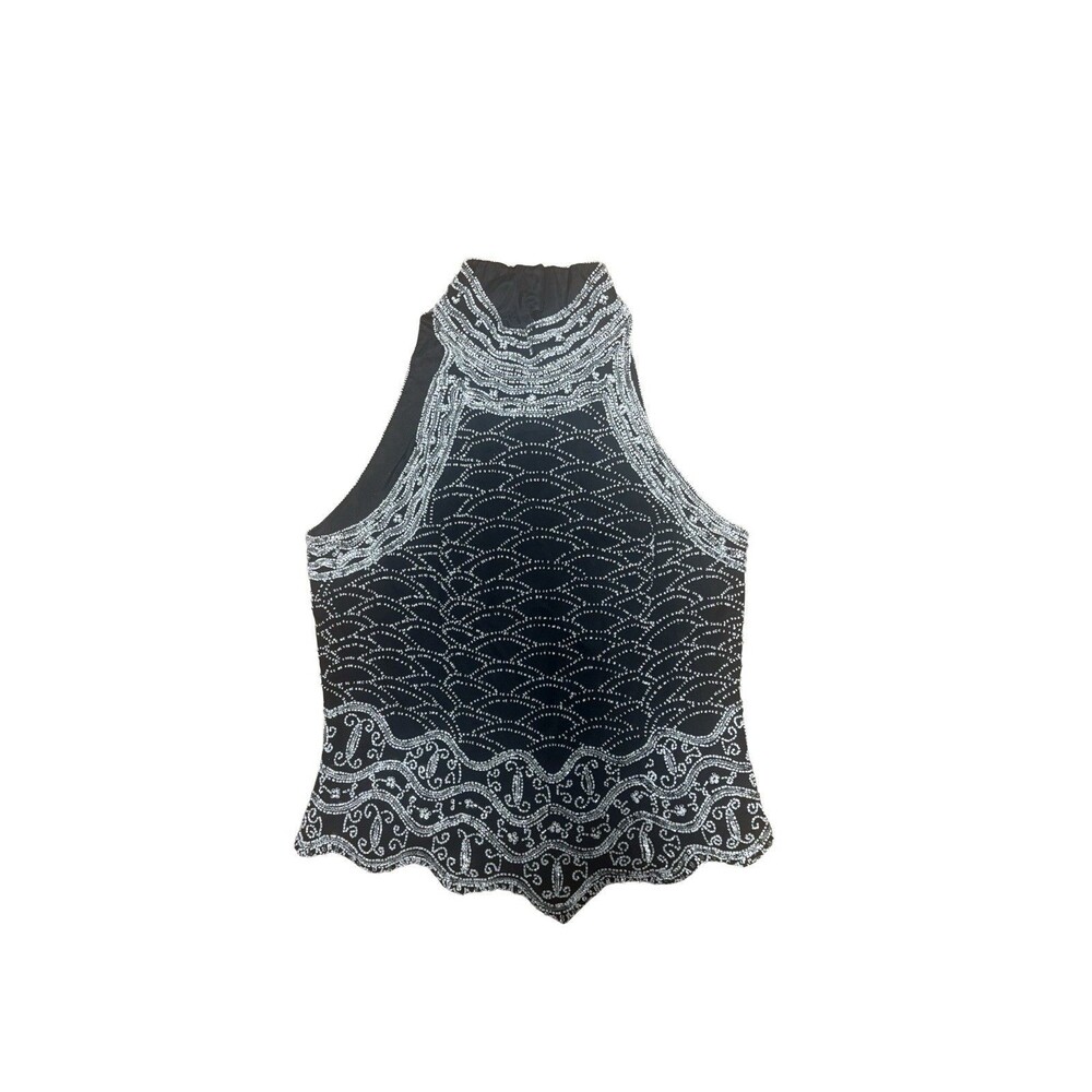 Papell Boutique Black Silk Beaded High Neck Top Women’s Vintage Size Medium